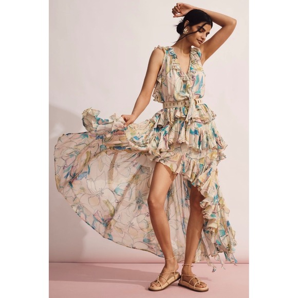 Maeve Dresses & Skirts - Maeve Anthropologie Watercolor Floral Ruffle Hi-Low Dress Sz XS Fairy Romantic